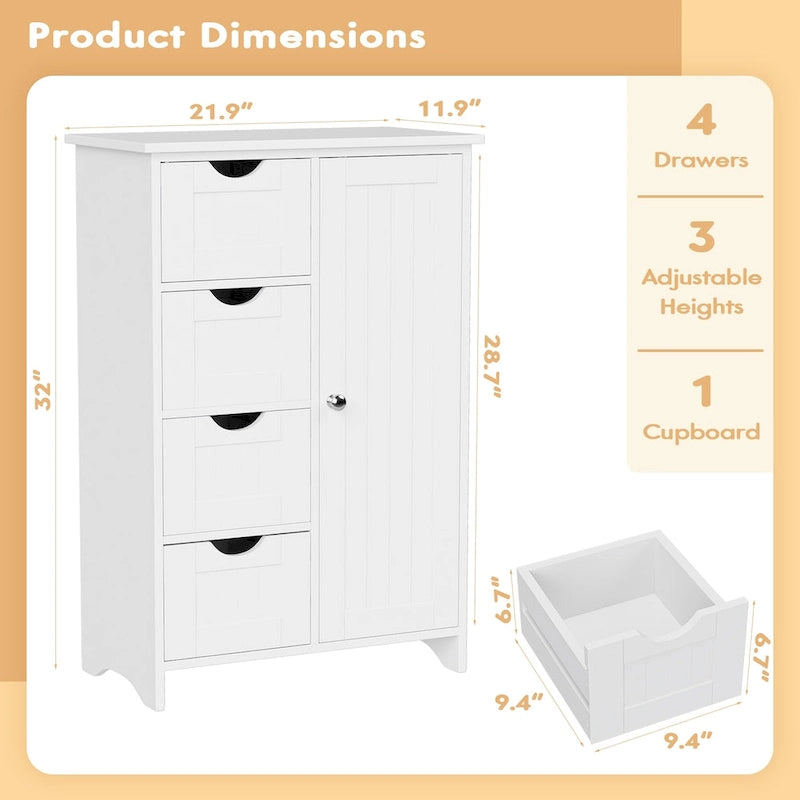 Meuble de salle de bain en bois, meuble de rangement autonome avec 4 tiroirs et 1 placard