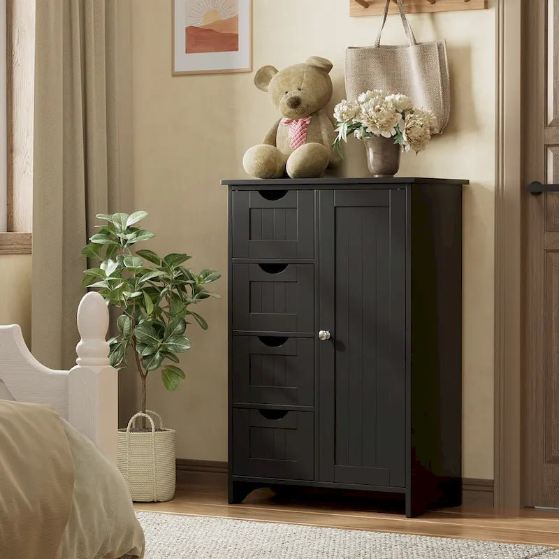 Meuble de salle de bain en bois, meuble de rangement autonome avec 4 tiroirs et 1 placard