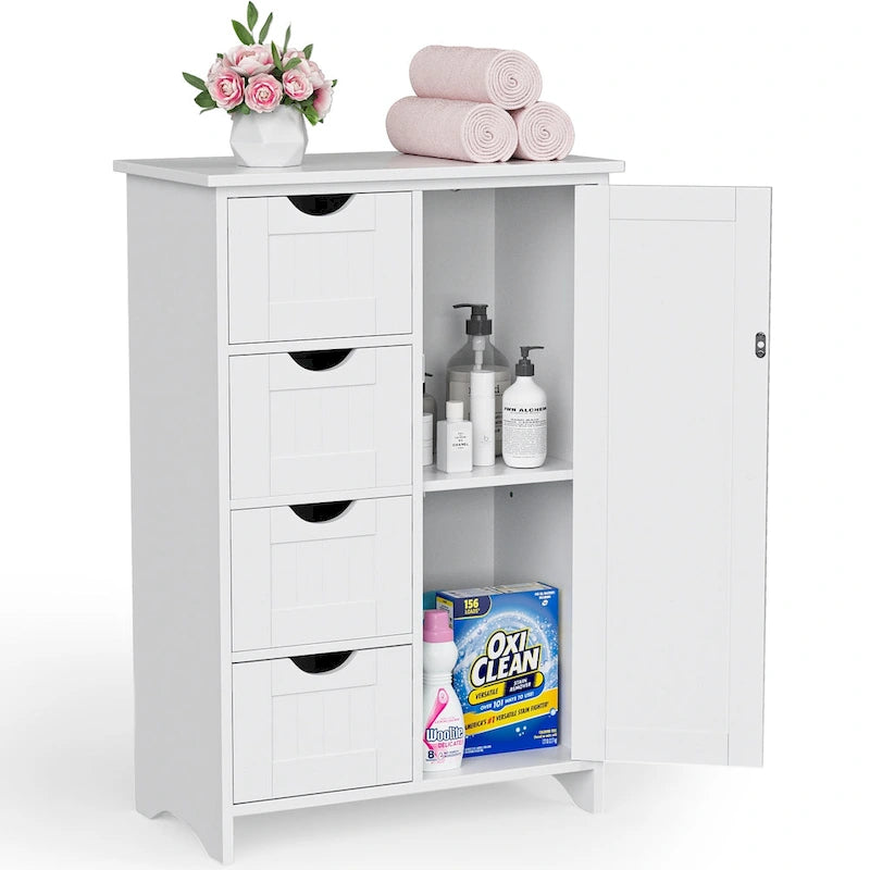 Meuble de salle de bain en bois, meuble de rangement autonome avec 4 tiroirs et 1 placard