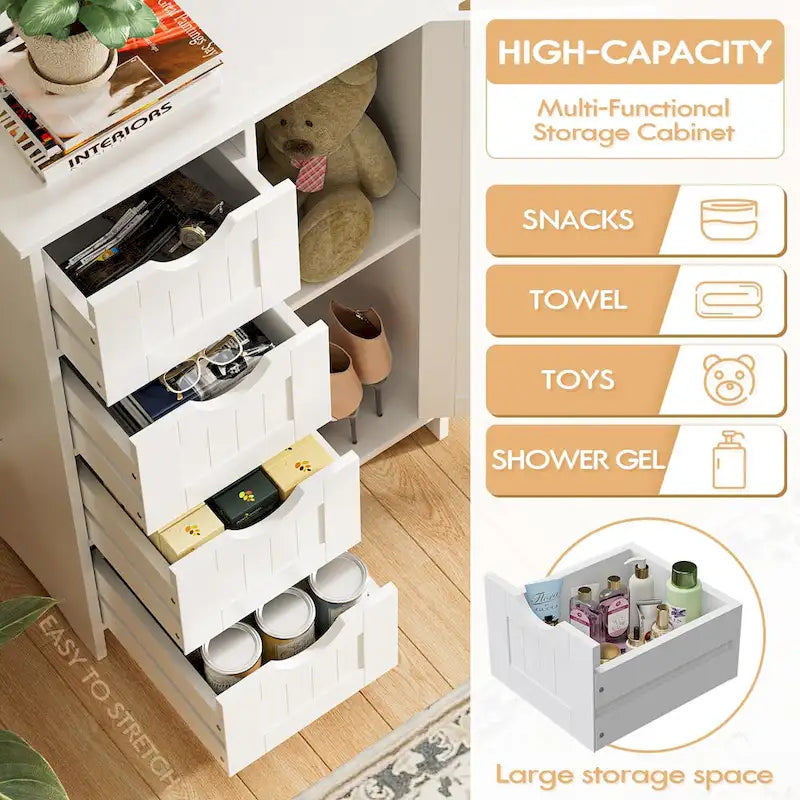 Meuble de salle de bain en bois, meuble de rangement autonome avec 4 tiroirs et 1 placard