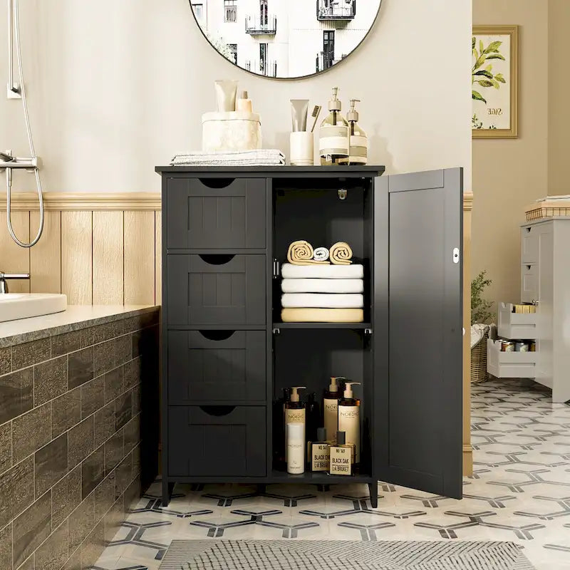 Meuble de salle de bain en bois, meuble de rangement autonome avec 4 tiroirs et 1 placard