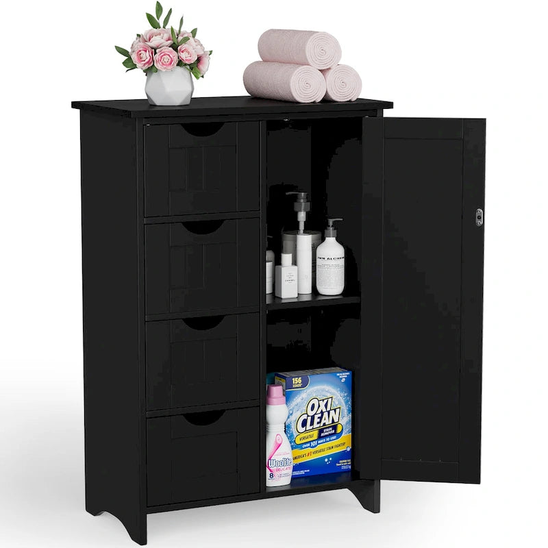 Meuble de salle de bain en bois, meuble de rangement autonome avec 4 tiroirs et 1 placard