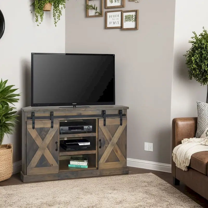 Bridgevine Home Farmhouse 56 inch Corner TV Stand for TVs up to 60 inches, No Assembly Required, Barnwood Finish