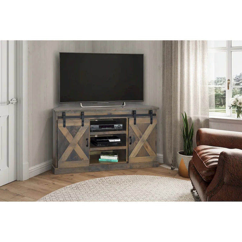 Meuble TV d'angle de style rustique de 56 po pour téléviseurs jusqu'à 60 po, aucun assemblage requis, fini bois de grange