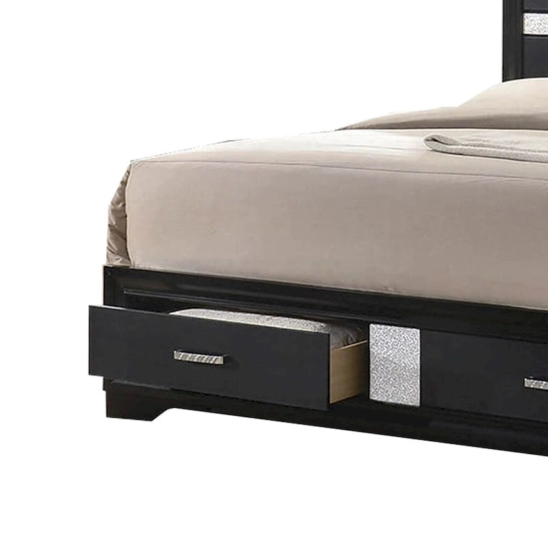 Lit California King en bois avec 2 tiroirs de rangement, noir et argent