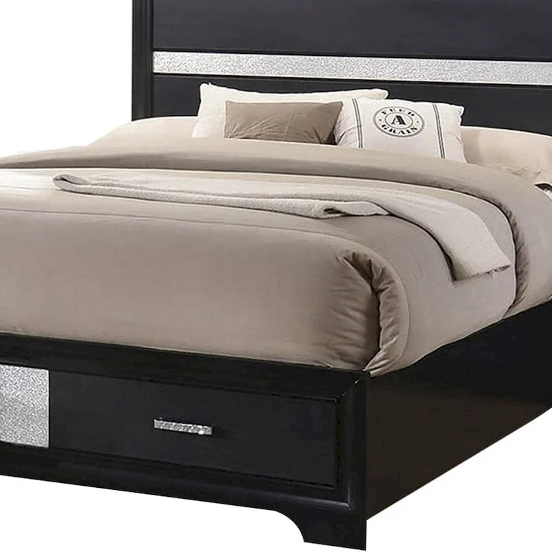 Lit California King en bois avec 2 tiroirs de rangement, noir et argent