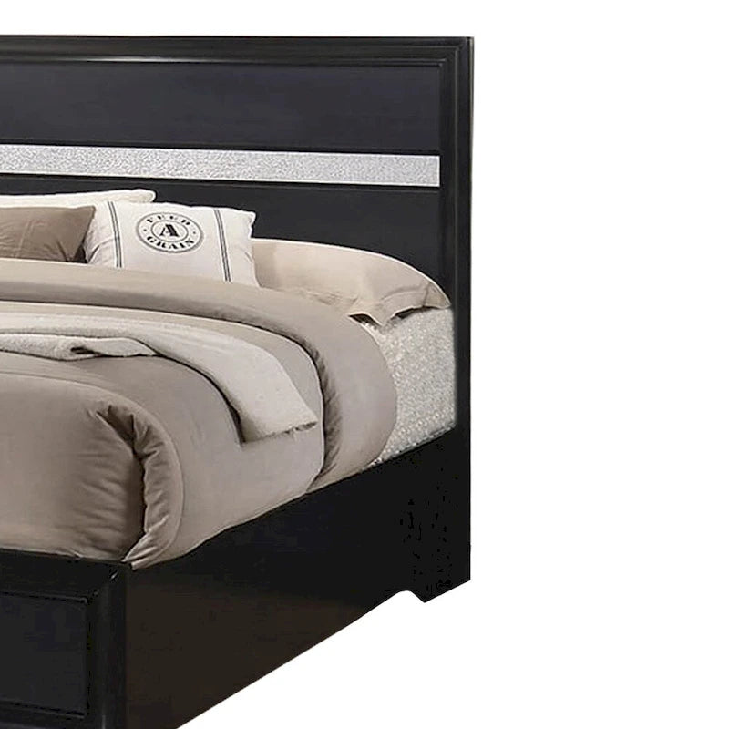 Lit California King en bois avec 2 tiroirs de rangement, noir et argent