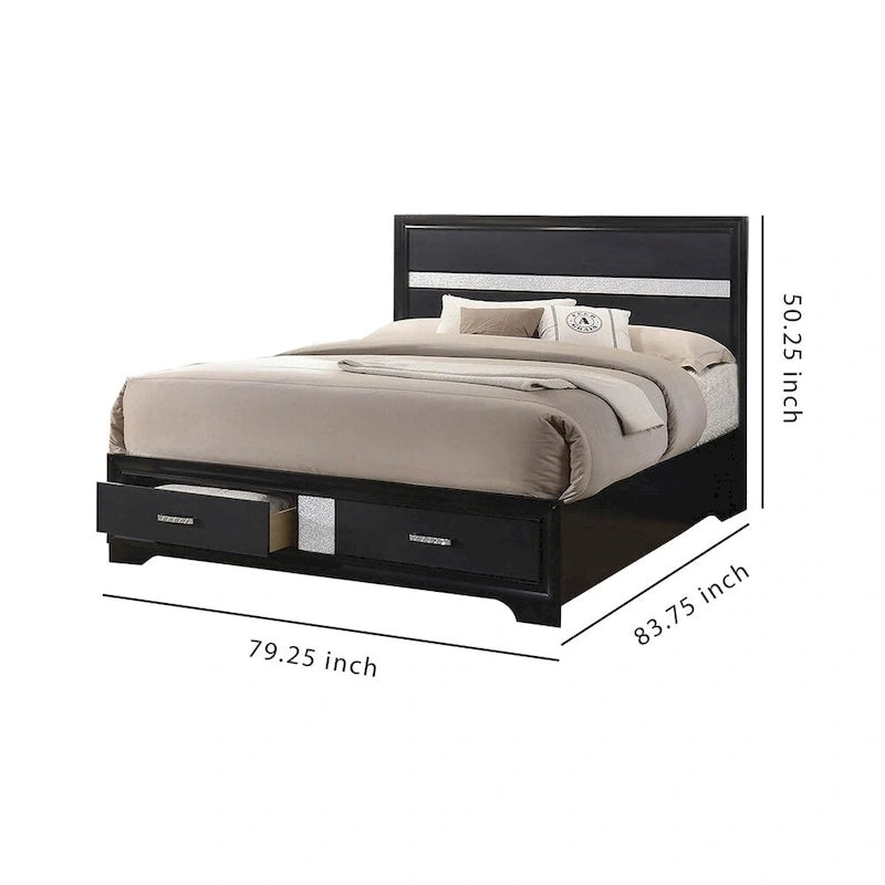 Lit California King en bois avec 2 tiroirs de rangement, noir et argent