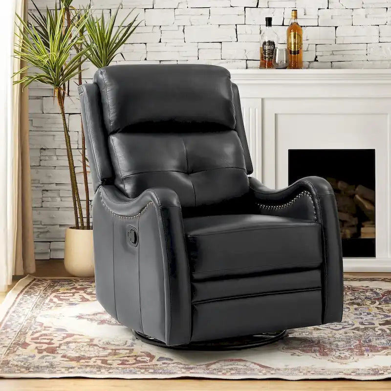 Fauteuil inclinable, pivotant et berçant en cuir véritable avec clous décoratifs par