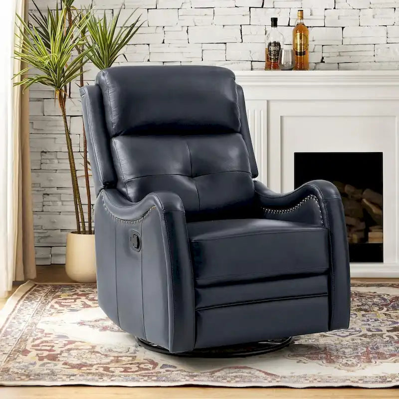 Fauteuil inclinable, pivotant et berçant en cuir véritable avec clous décoratifs par