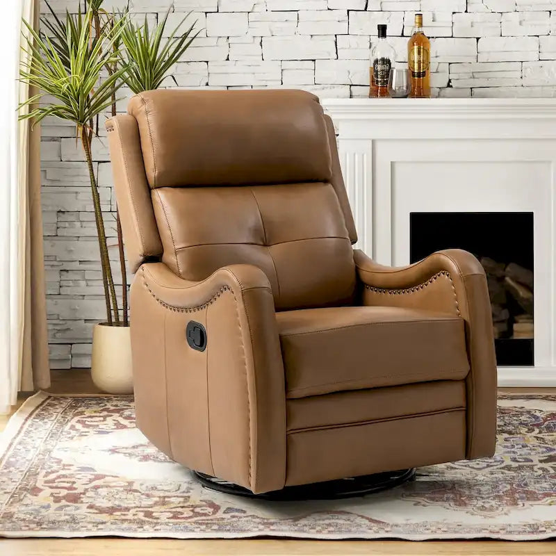 FrancoModern Genuine Leather Swivel Rocker Recliner with Nailhead Trims by 