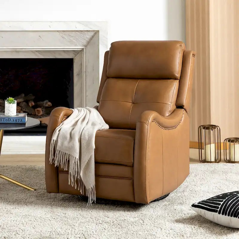 Fauteuil inclinable, pivotant et berçant en cuir véritable avec clous décoratifs par