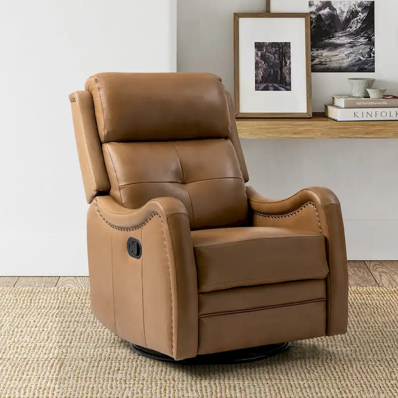 Fauteuil inclinable, pivotant et berçant en cuir véritable avec clous décoratifs par