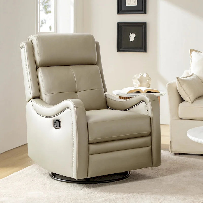 Fauteuil inclinable, pivotant et berçant en cuir véritable avec clous décoratifs par