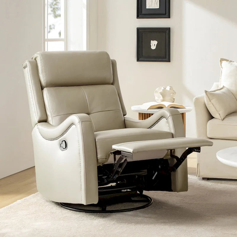 Fauteuil inclinable, pivotant et berçant en cuir véritable avec clous décoratifs par