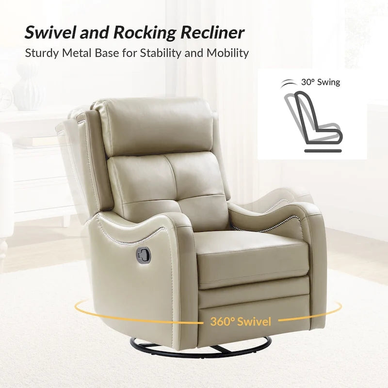 Fauteuil inclinable, pivotant et berçant en cuir véritable avec clous décoratifs par