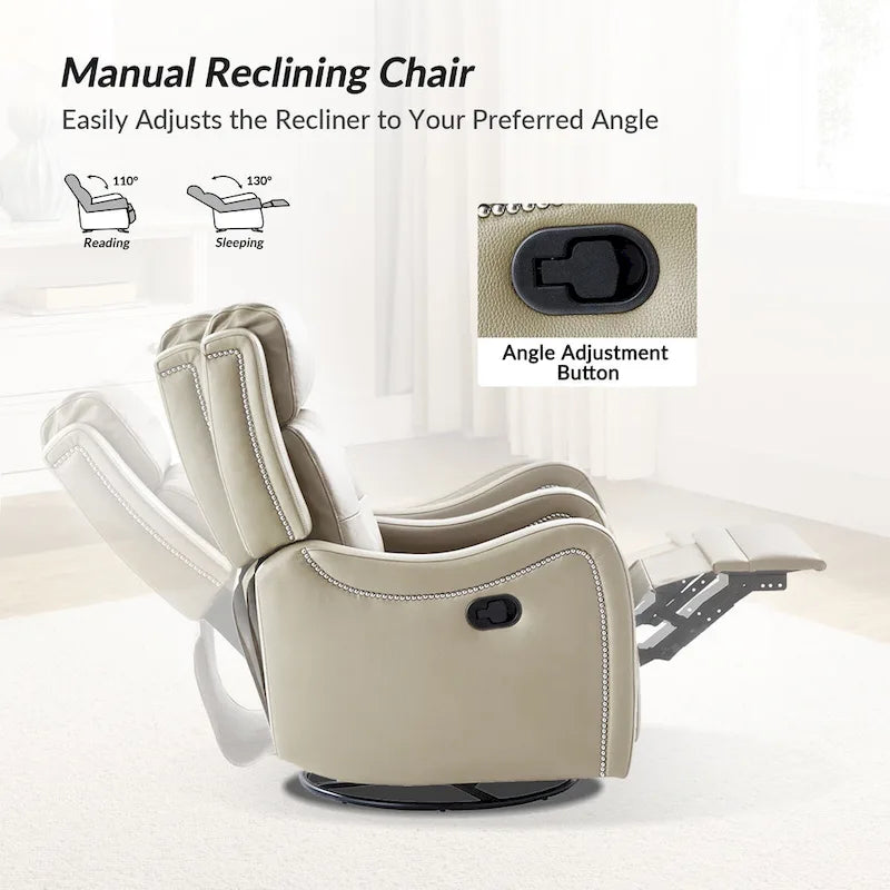 Fauteuil inclinable, pivotant et berçant en cuir véritable avec clous décoratifs par