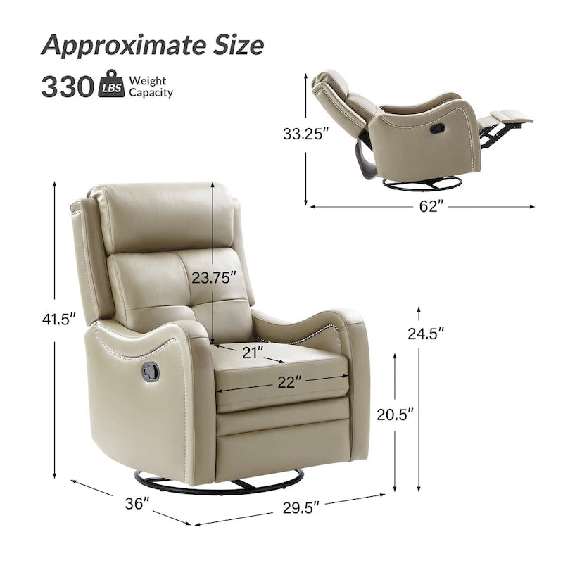 Fauteuil inclinable, pivotant et berçant en cuir véritable avec clous décoratifs par
