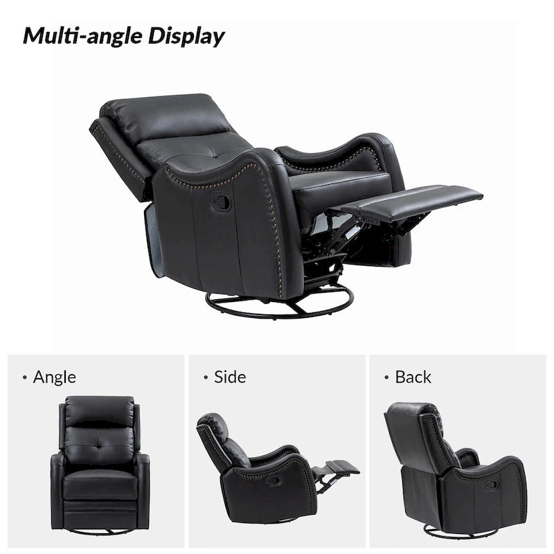 Fauteuil inclinable, pivotant et berçant en cuir véritable avec clous décoratifs par