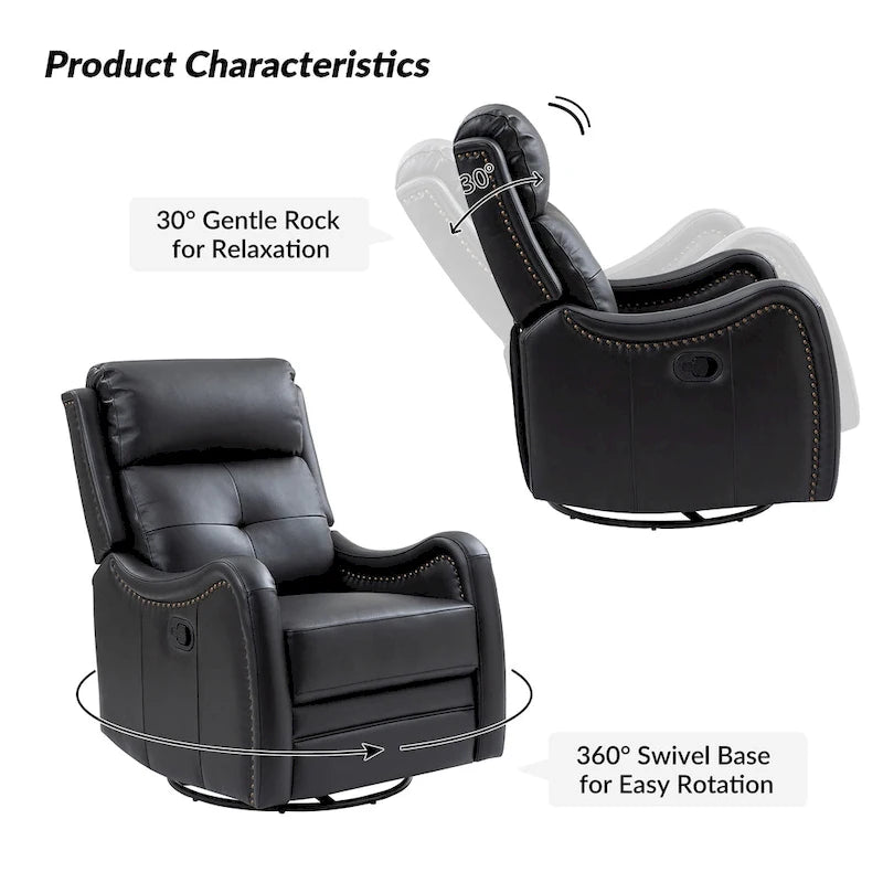 Fauteuil inclinable, pivotant et berçant en cuir véritable avec clous décoratifs par