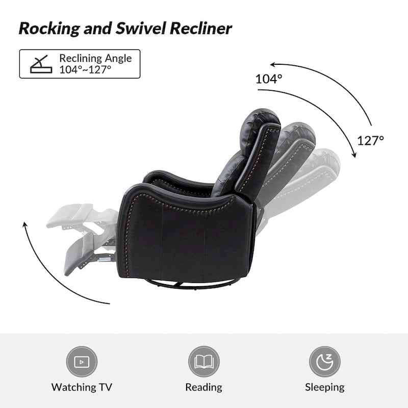 Fauteuil inclinable, pivotant et berçant en cuir véritable avec clous décoratifs par