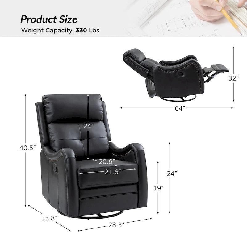 Fauteuil inclinable, pivotant et berçant en cuir véritable avec clous décoratifs par