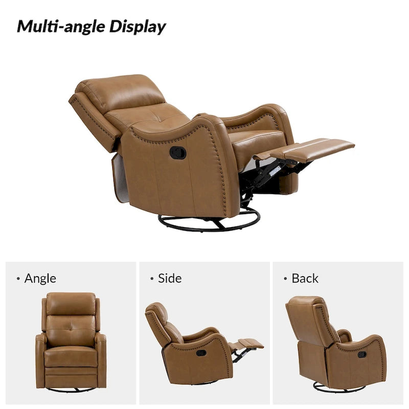 Fauteuil inclinable, pivotant et berçant en cuir véritable avec clous décoratifs par