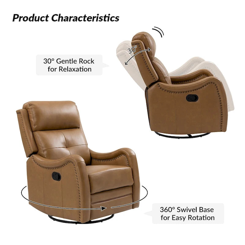 Fauteuil inclinable, pivotant et berçant en cuir véritable avec clous décoratifs par