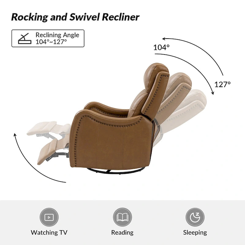 Fauteuil inclinable, pivotant et berçant en cuir véritable avec clous décoratifs par