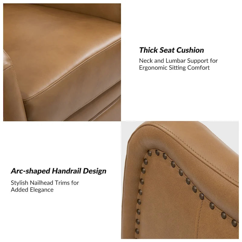 Fauteuil inclinable, pivotant et berçant en cuir véritable avec clous décoratifs par