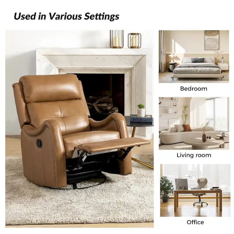 Fauteuil inclinable, pivotant et berçant en cuir véritable avec clous décoratifs par