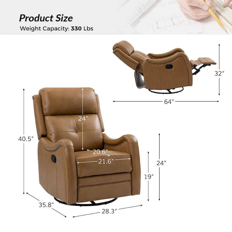 Fauteuil inclinable, pivotant et berçant en cuir véritable avec clous décoratifs par
