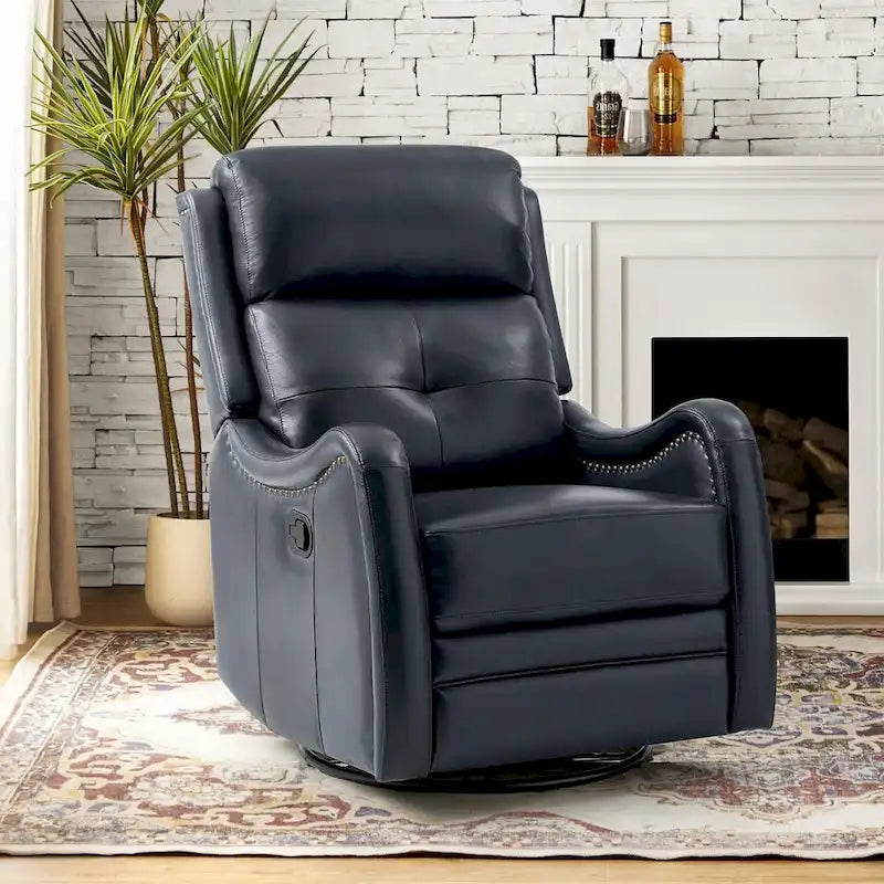 Fauteuil inclinable, pivotant et berçant en cuir véritable avec clous décoratifs par