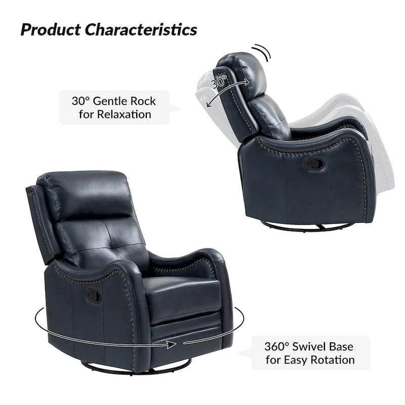 Fauteuil inclinable, pivotant et berçant en cuir véritable avec clous décoratifs par