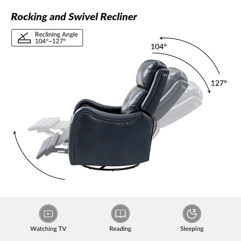 Fauteuil inclinable, pivotant et berçant en cuir véritable avec clous décoratifs par