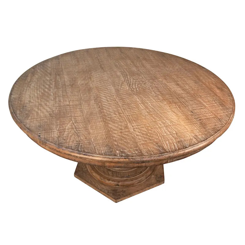 Table à manger ronde en pin récupéré de 59 pouces, style antique naturel, avec piédestal sculpté