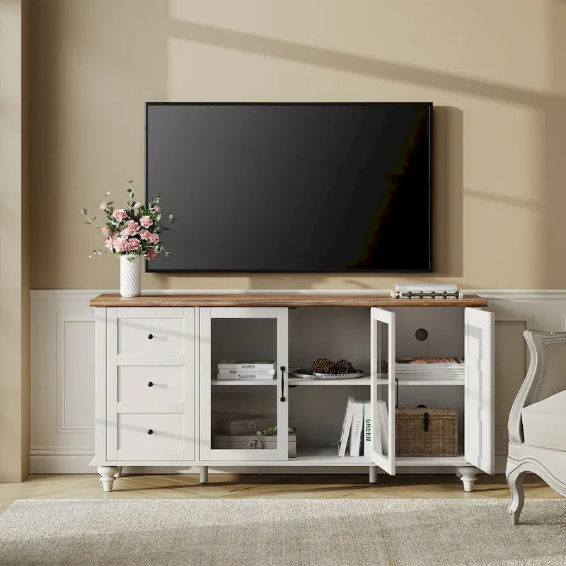 Meuble TV de ferme avec armoire de rangement, console de centre de divertissement en verre et bois