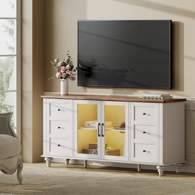 Meuble TV de ferme avec armoire de rangement, console de centre de divertissement en verre et bois