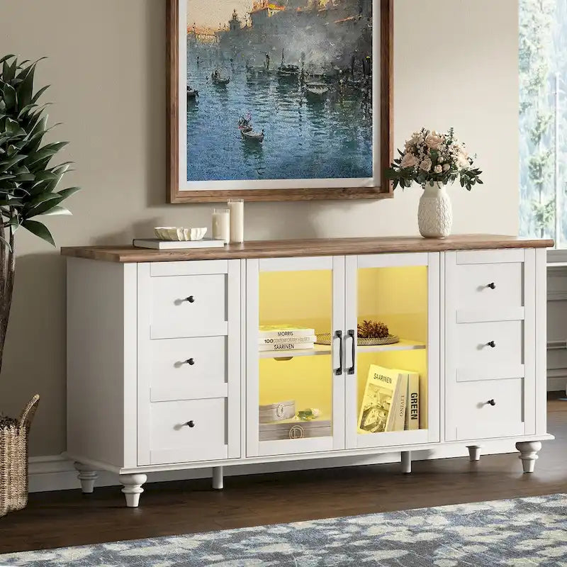 Meuble TV de ferme avec armoire de rangement, console de centre de divertissement en verre et bois