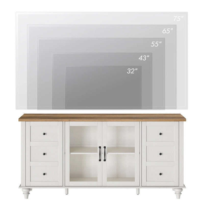Meuble TV de ferme avec armoire de rangement, console de centre de divertissement en verre et bois
