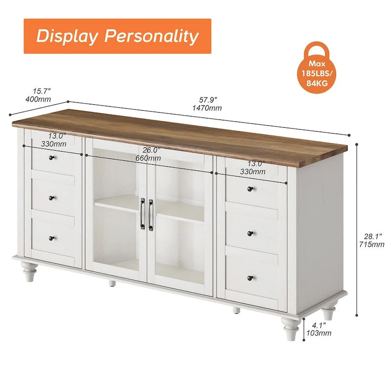 Meuble TV de ferme avec armoire de rangement, console de centre de divertissement en verre et bois