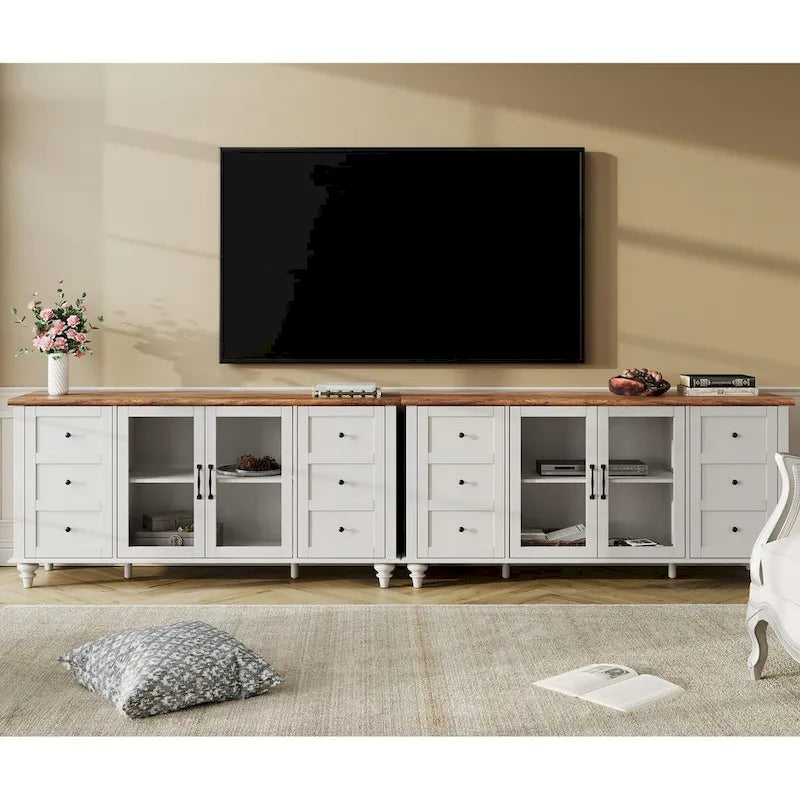 Meuble TV de ferme avec armoire de rangement, console de centre de divertissement en verre et bois