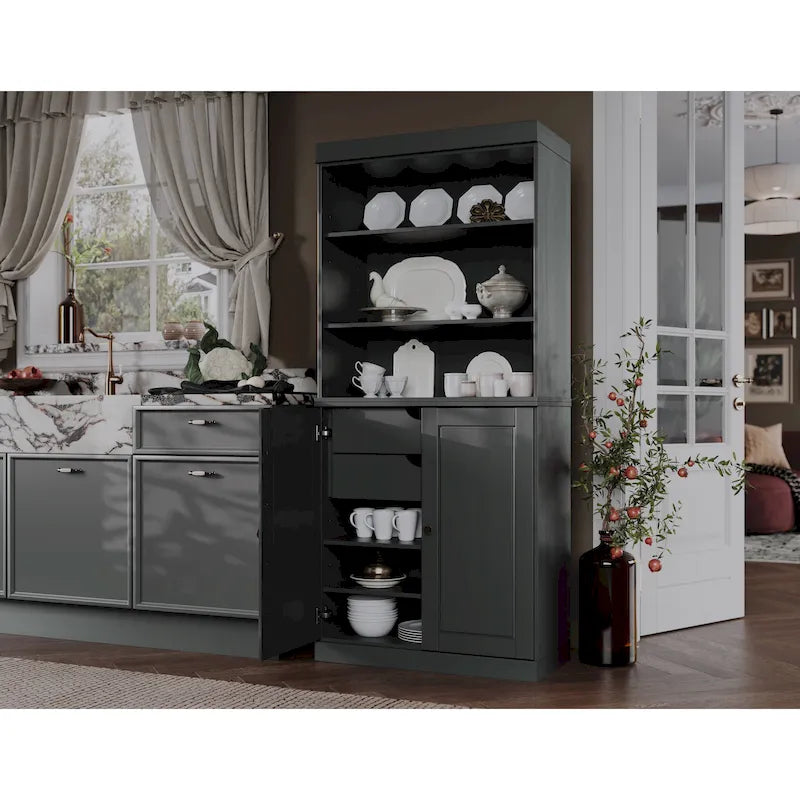 Armoire de cuisine 100 % en bois massif avec 2 portes en verre transparent ou en bois massif et organiseur à 2 tiroirs par