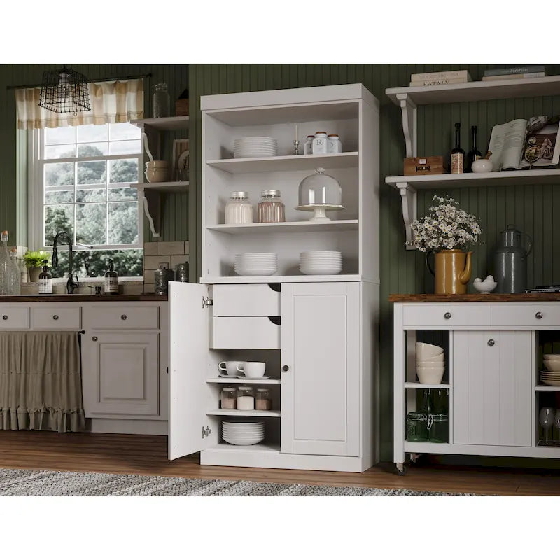 Armoire de cuisine 100 % en bois massif avec 2 portes en verre transparent ou en bois massif et organiseur à 2 tiroirs par