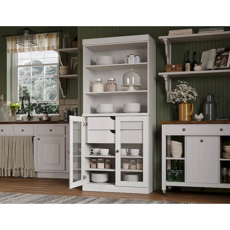 Armoire de cuisine 100 % en bois massif avec 2 portes en verre transparent ou en bois massif et organiseur à 2 tiroirs par