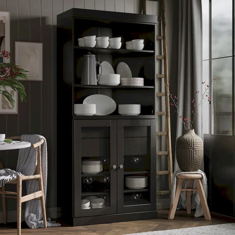 Armoire de cuisine 100 % en bois massif avec 2 portes en verre transparent ou en bois massif et organiseur à 2 tiroirs par