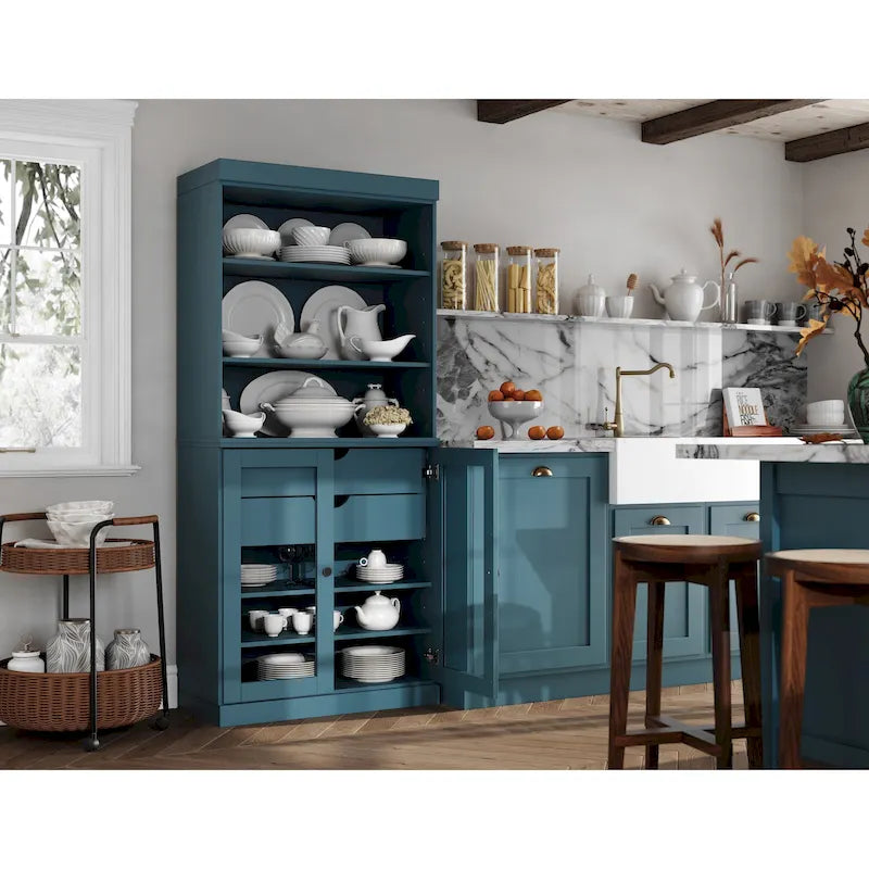 Armoire de cuisine 100 % en bois massif avec 2 portes en verre transparent ou en bois massif et organiseur à 2 tiroirs par