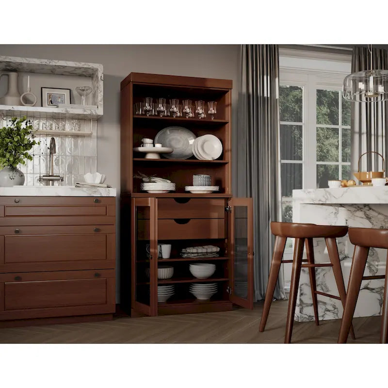 Armoire de cuisine 100 % en bois massif avec 2 portes en verre transparent ou en bois massif et organiseur à 2 tiroirs par