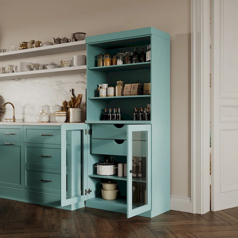 Armoire de cuisine 100 % en bois massif avec 2 portes en verre transparent ou en bois massif et organiseur à 2 tiroirs par