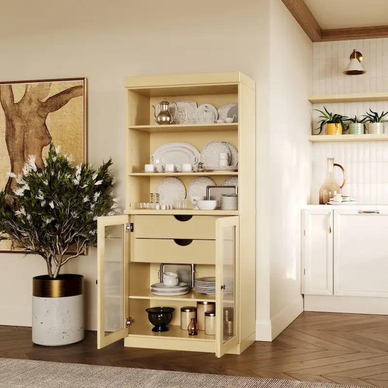 Armoire de cuisine 100 % en bois massif avec 2 portes en verre transparent ou en bois massif et organiseur à 2 tiroirs par